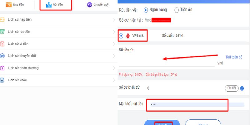 Thứ tự các thao tác rút tiền tại 123B chi tiết